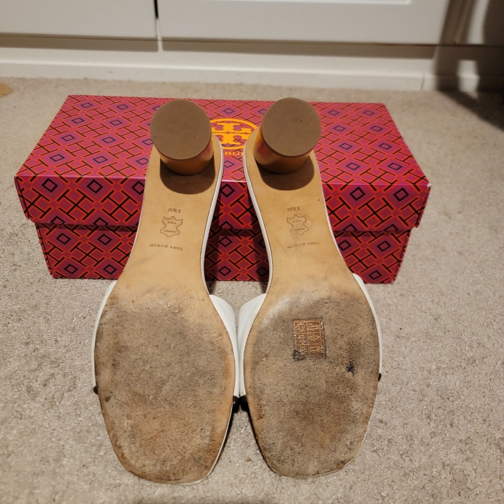Tory Burch Ines Goat Leather Mule Heeled Sandal Gardenia/White Size 8.5 - Picture 9 of 12